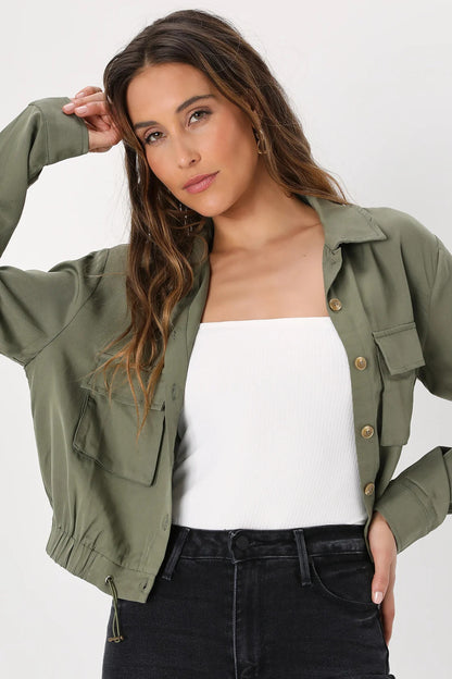 Lulus Women's Eldora Olive Green Cropped Utility Jacket