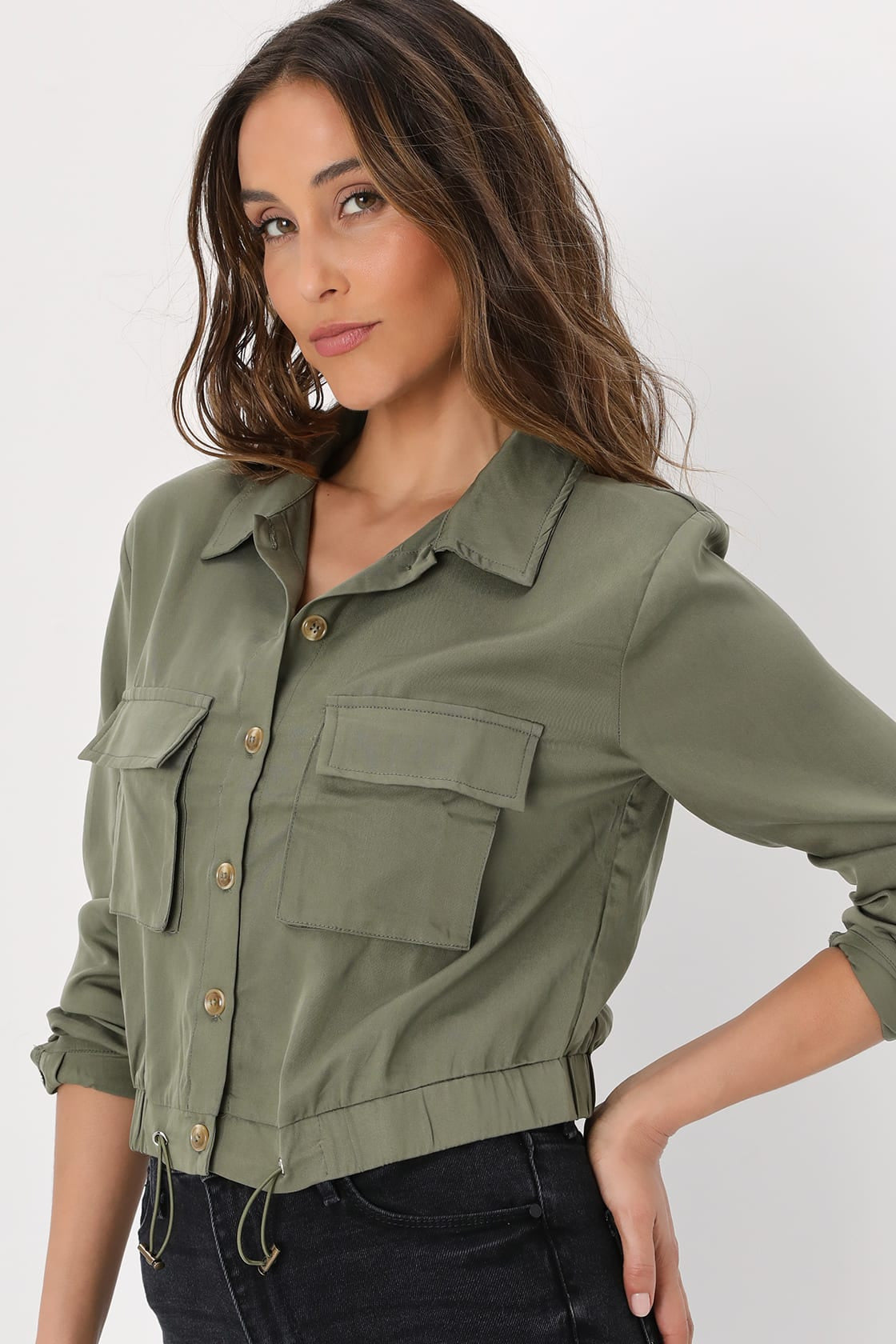 Lulus Women's Eldora Olive Green Cropped Utility Jacket