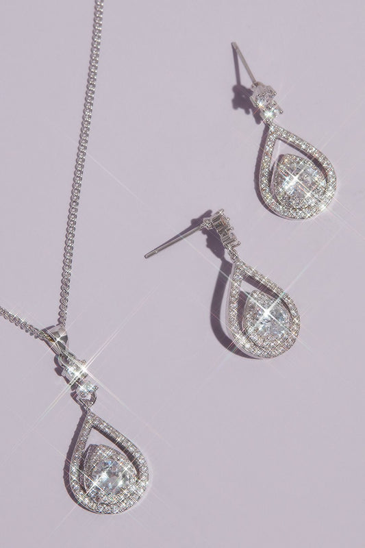 David's Bridal Women's Pave Crystal Teardrop Earrings and Necklace Set