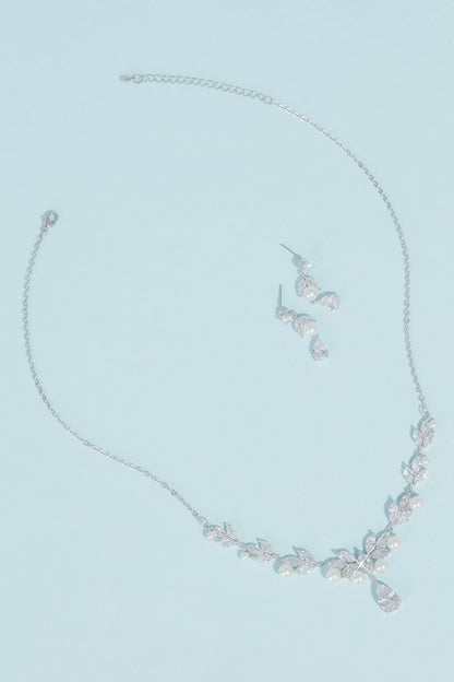 David's Bridal Women's Pearl Cubic Zirconia Leaf Necklace and Earring Set