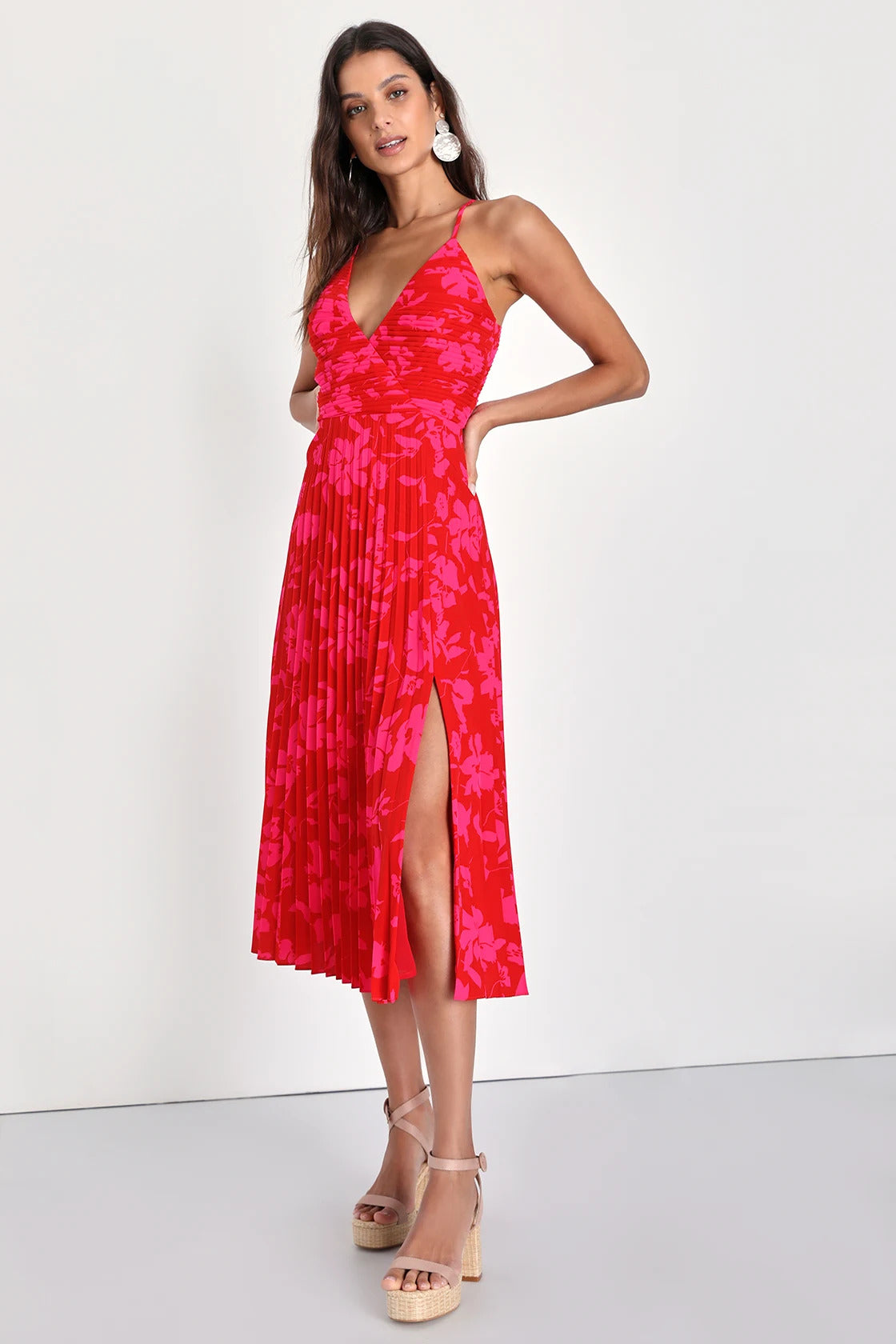 Lulus Women's Vibrant Moment Red and Pink Floral Pleated Lace-Up Midi Dress