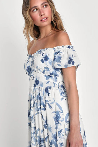 Lulus Women's Delightfully Sweet White Floral Off-the-Shoulder Midi Dress