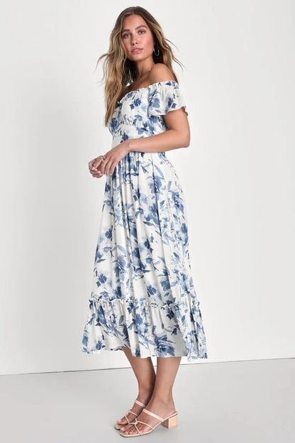 Lulus Women's Delightfully Sweet White Floral Off-the-Shoulder Midi Dress