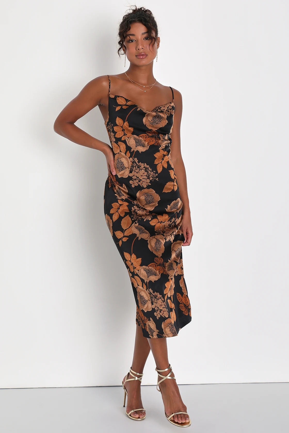 Lulus Women's Favorite Icon Black Floral Satin Cowl Neck Slip Midi Dress