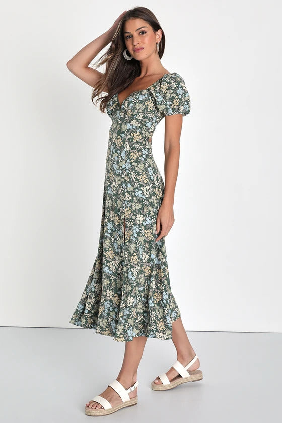 Lulus Women's Meadow Muse Green Floral Tie-Back Puff Sleeve Midi Dress