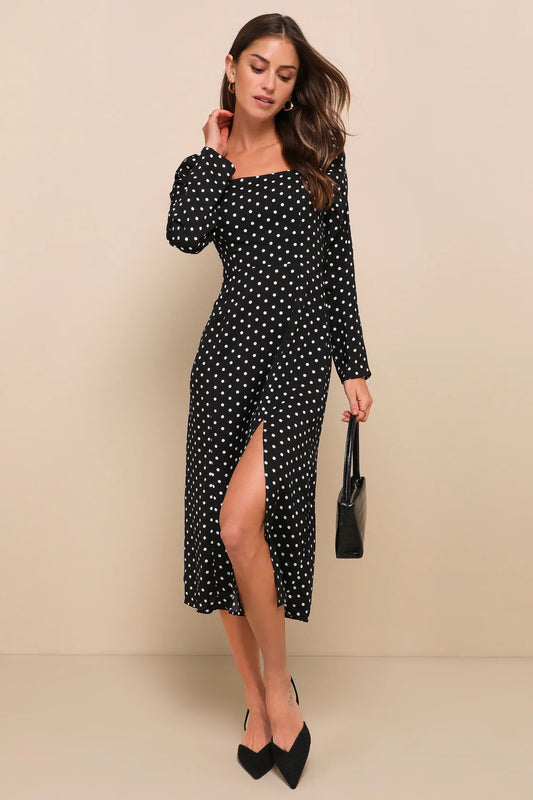 Lulus Women's Charmed and Classy Black Polka Dot Long Sleeve Midi Dress