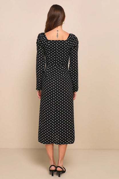 Lulus Women's Charmed and Classy Black Polka Dot Long Sleeve Midi Dress