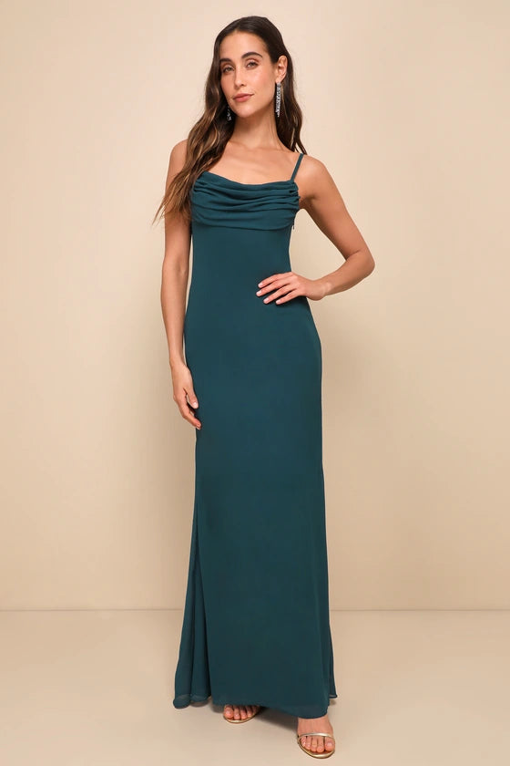 Lulus Women's Captivated Emerald Green Cowl Neck Maxi Dress