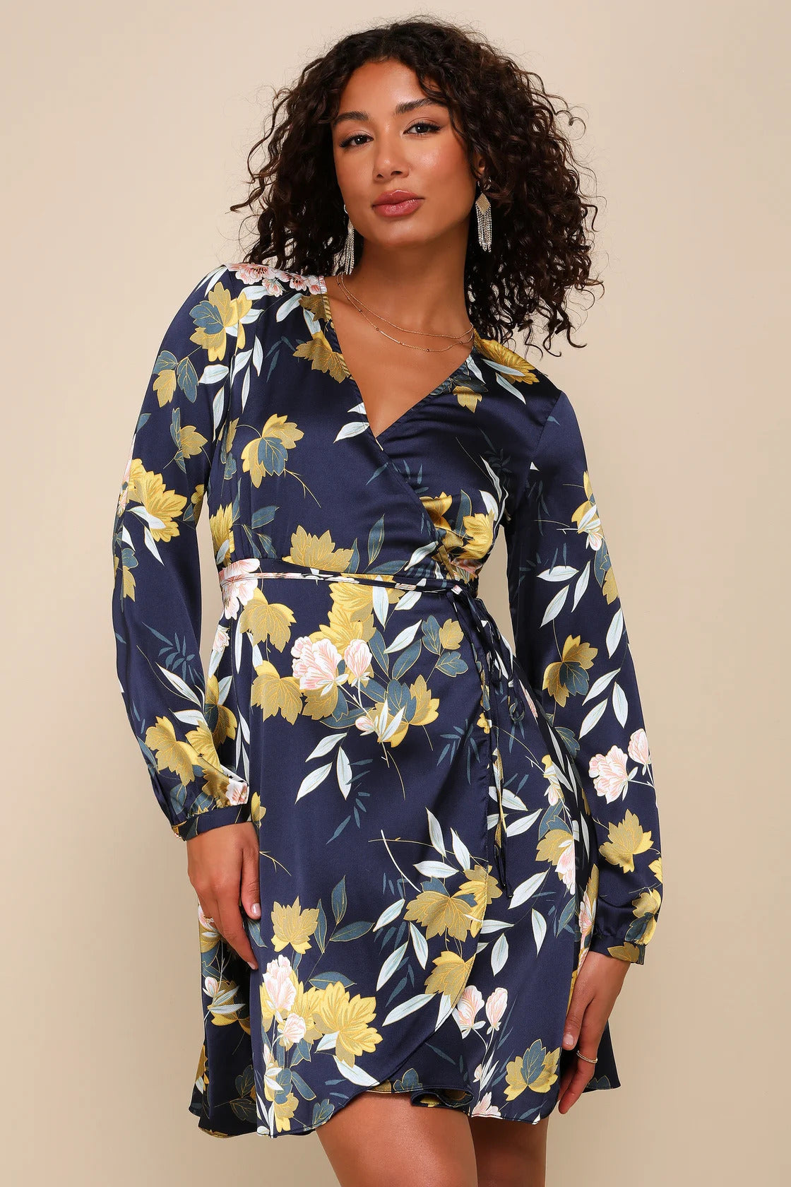 Lulus Women's Love is Life Navy Blue Floral Print Satin Wrap Dress