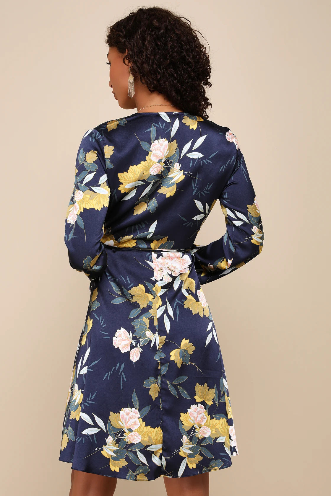 Lulus Women's Love is Life Navy Blue Floral Print Satin Wrap Dress