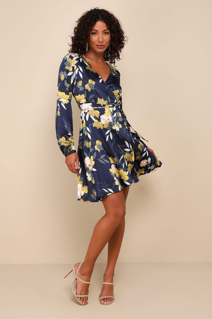 Lulus Women's Love is Life Navy Blue Floral Print Satin Wrap Dress