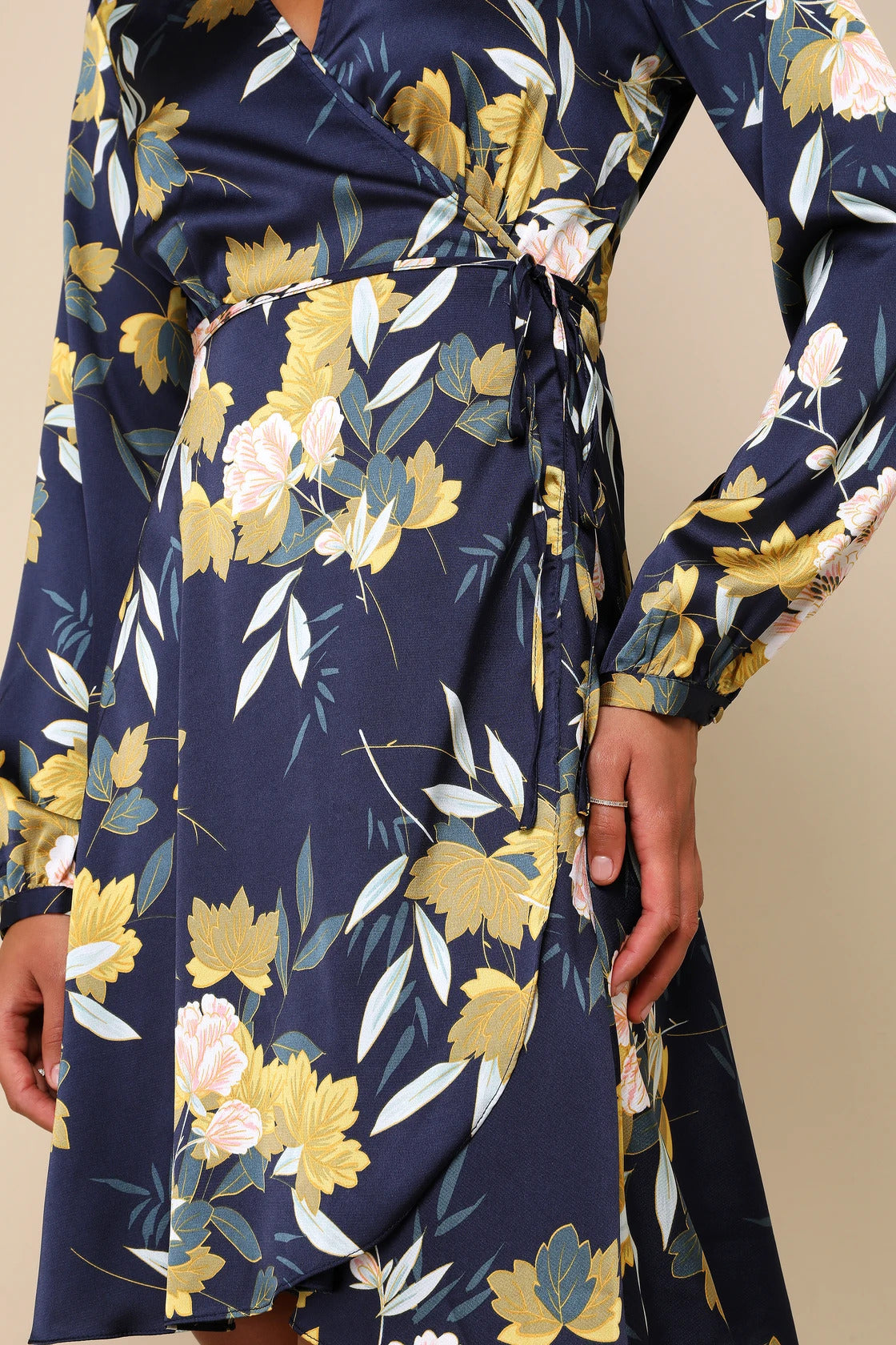 Lulus Women's Love is Life Navy Blue Floral Print Satin Wrap Dress