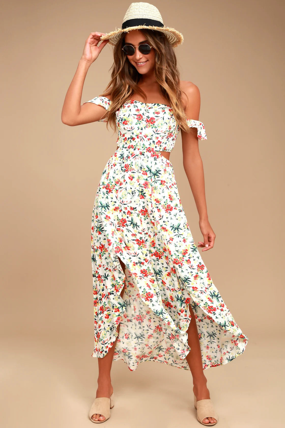 Lulus Women's Easy on the Eyes Cream Floral Print Off-the-Shoulder Maxi Dress