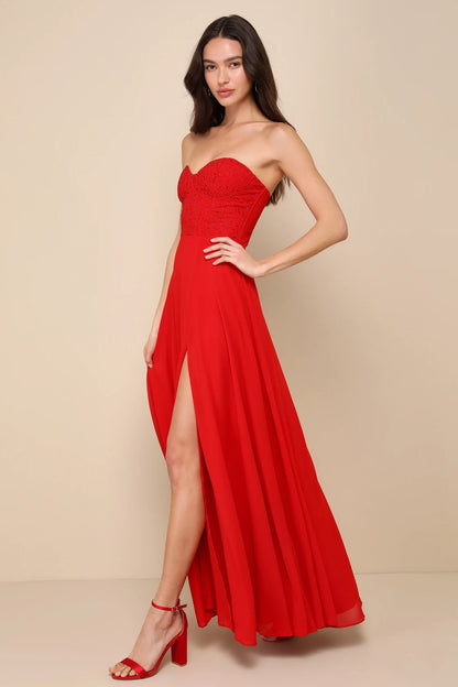 Lulus Women's Remember This Moment Red Rhinestone Strapless Maxi Dress