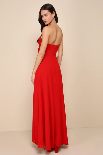 Lulus Women's Remember This Moment Red Rhinestone Strapless Maxi Dress