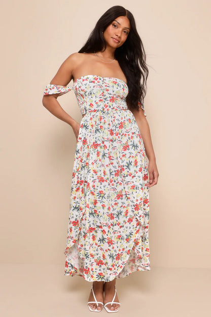 Lulus Women's Easy on the Eyes Cream Floral Print Off-the-Shoulder Maxi Dress