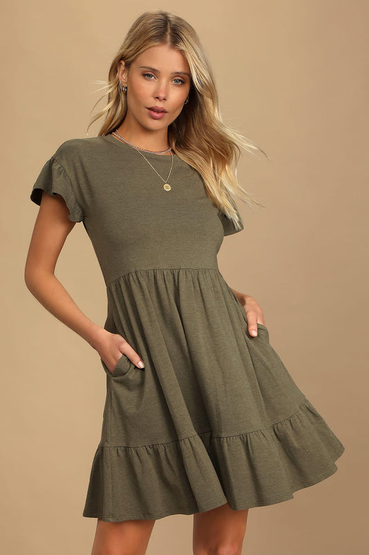 Lulus Women's Sweetest Style Olive Green Tiered Babydoll Dress