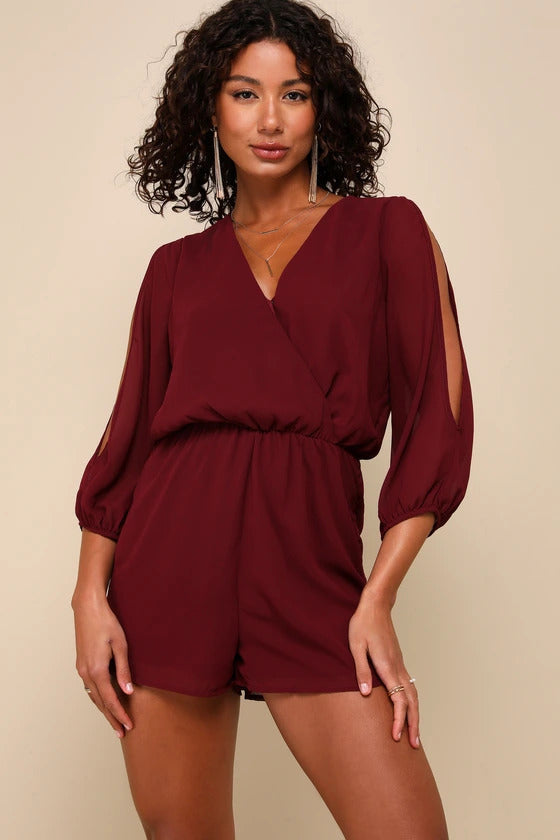 Lulus Women's Luck and Love Burgundy Three-Quarter Sleeve Romper