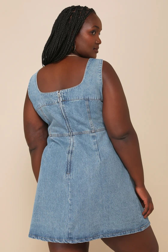 Lulus Women's So Delighted Medium Wash Denim Corset Seam Mini Dress