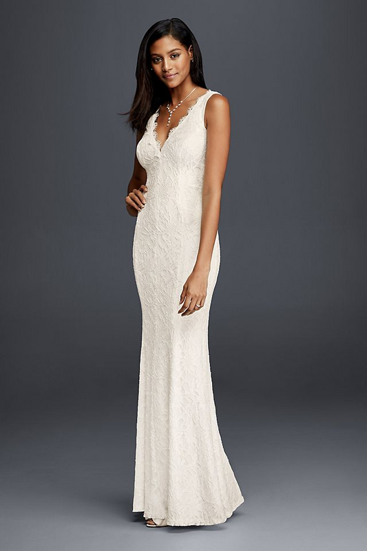 David's Bridal Women's Allover Lace V-Neck Sheath Wedding Dress- Missy