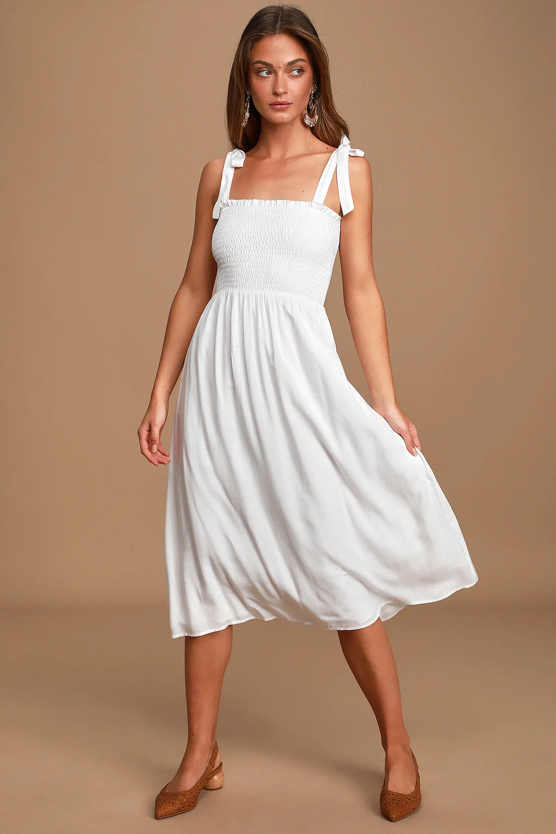 Lulus Women's Looking Up White Smocked Tie-Strap Midi Dress