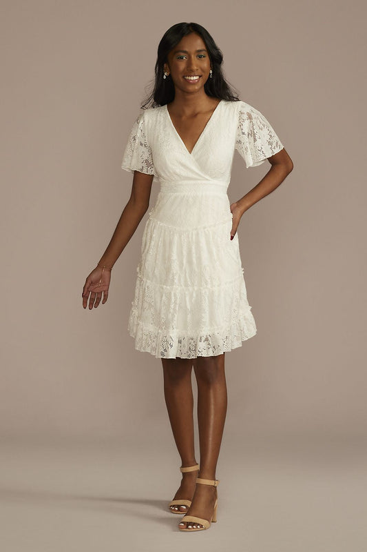 David's Bridal Women's Short Flutter Sleeve Tiered Lace A-Line Dress