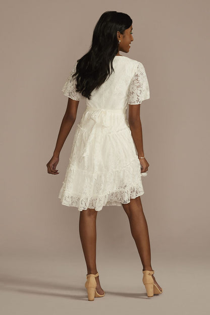 David's Bridal Women's Short Flutter Sleeve Tiered Lace A-Line Dress