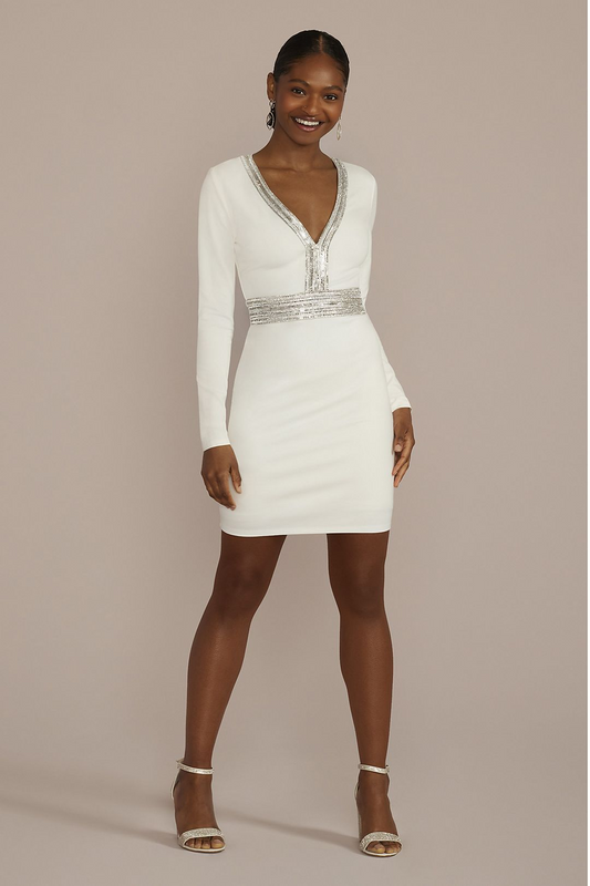 David's Bridal Women's Long Sleeve Embellished Waist Dress