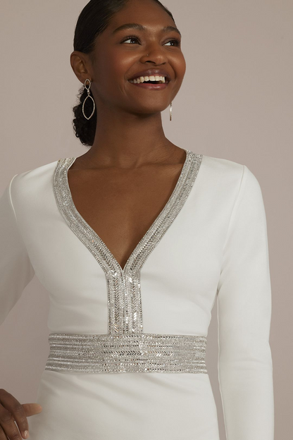 David's Bridal Women's Long Sleeve Embellished Waist Dress