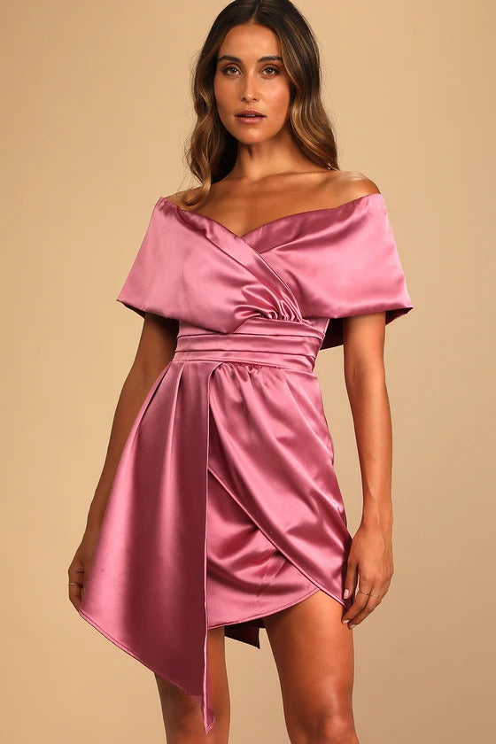 Lulus Women's Always Celebrating Satin Off-the-Shoulder Mini Dress