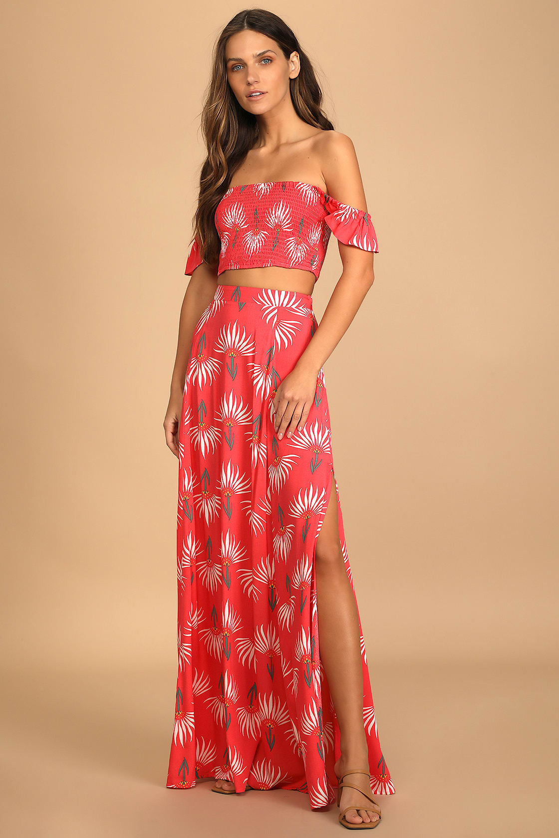 Lulus Women's Trancoso Coral Floral Print Two-Piece Maxi Dress