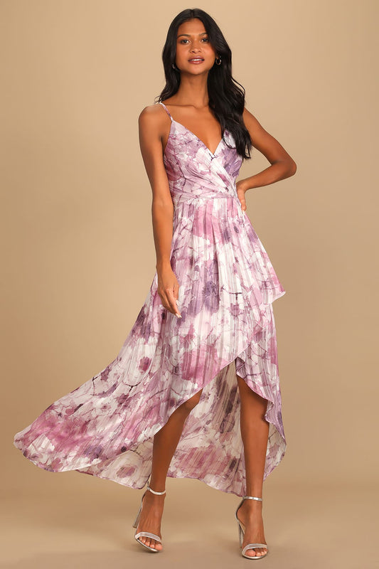 Lulus Women's An Enchanting Dream Purple Multi Print High-Low Maxi Dress