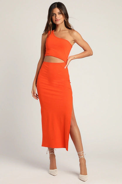 Lulus Women's Spice Things Up Ribbed One-Shoulder Cutout Midi Dress