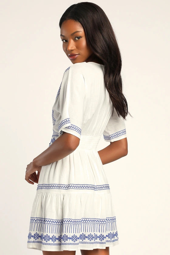 Lulus Women's Gone to Greece White Embroidered Short Sleeve V-Neck Mini Dress