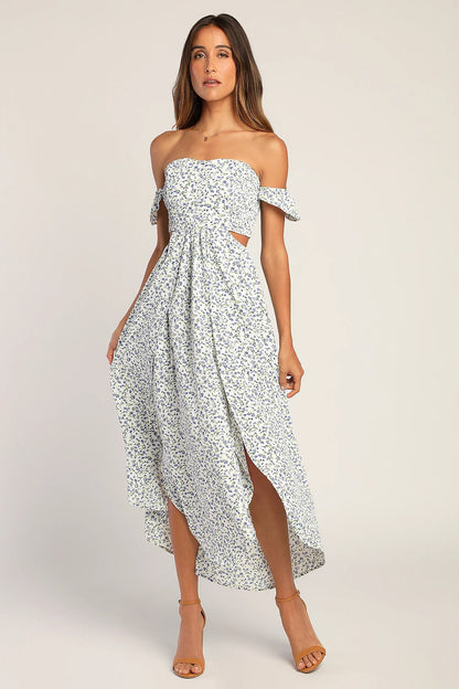 Lulus Women's Easy On The Eyes White Floral Print Off-the-Shoulder Maxi Dress