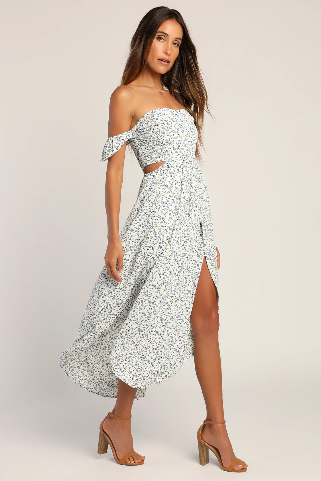 Lulus Women's Easy On The Eyes White Floral Print Off-the-Shoulder Maxi Dress