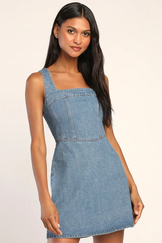 Lulus Women's So Delighted Medium Wash Denim Corset Seam Mini Dress