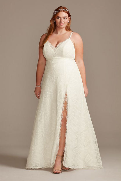 David's Bridal Women's Leaf Pattern Lace A-Line Wedding Dress - Plus