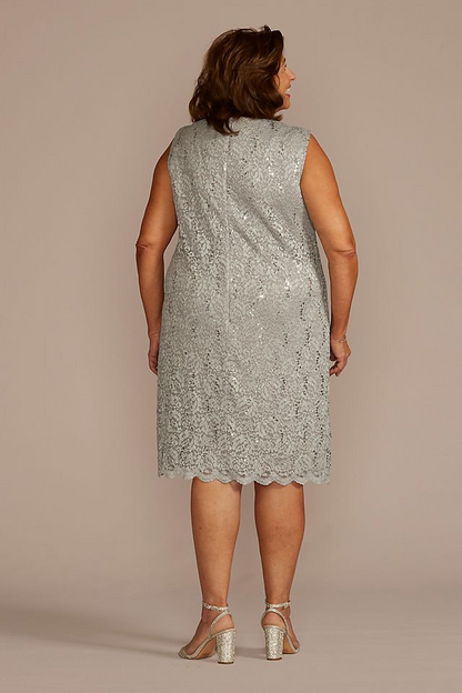 David's Bridal Women's Beaded Lace Short Sheath Dress With Jacket - Plus