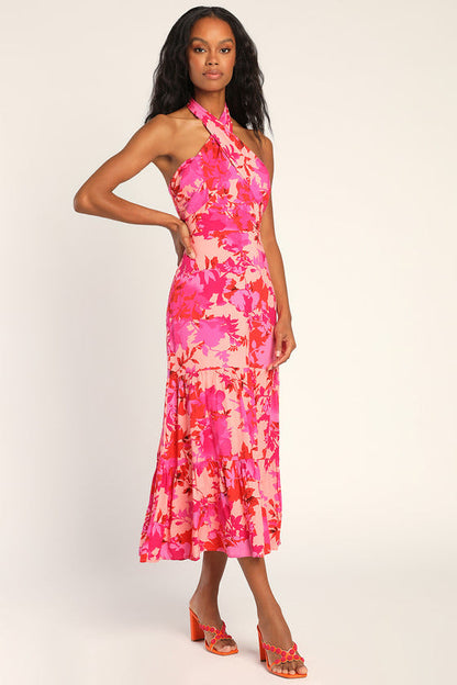 Lulus Women's Always Eye-Catching Hot Pink Floral Tiered Halter Midi Dress