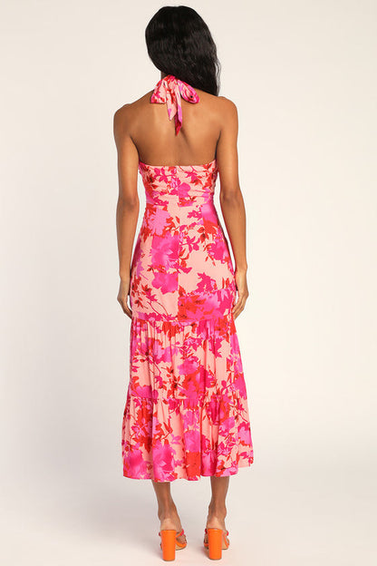 Lulus Women's Always Eye-Catching Hot Pink Floral Tiered Halter Midi Dress