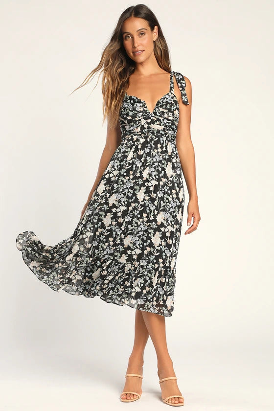 Lulus Women's Lush Loveliness Floral Lurex Tie-Strap Midi Dress