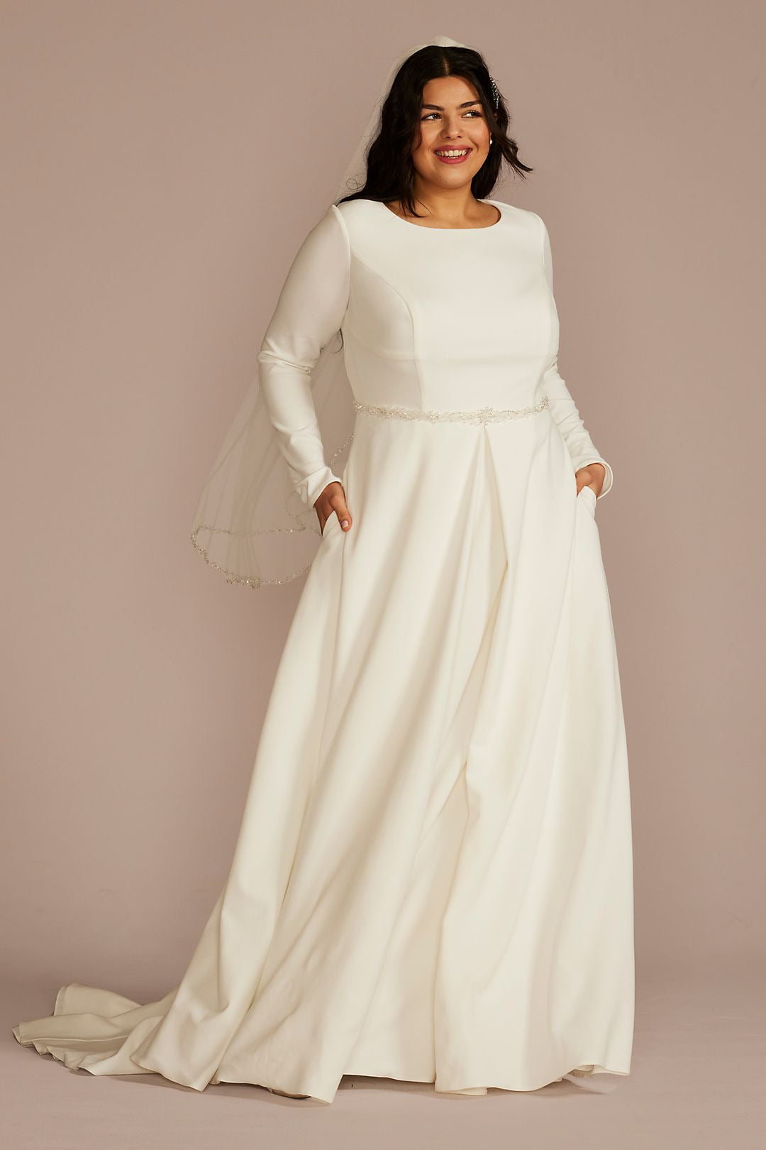 David's Bridal Women's Belted Long Sleeve Crepe Modest Wedding Dress - Plus