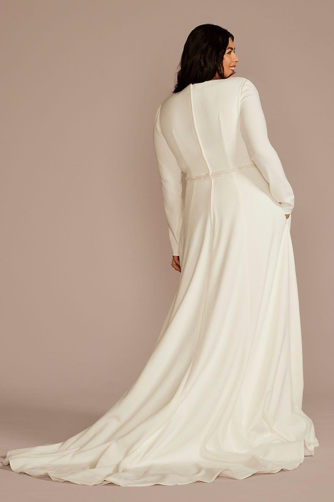 David's Bridal Women's Belted Long Sleeve Crepe Modest Wedding Dress - Plus