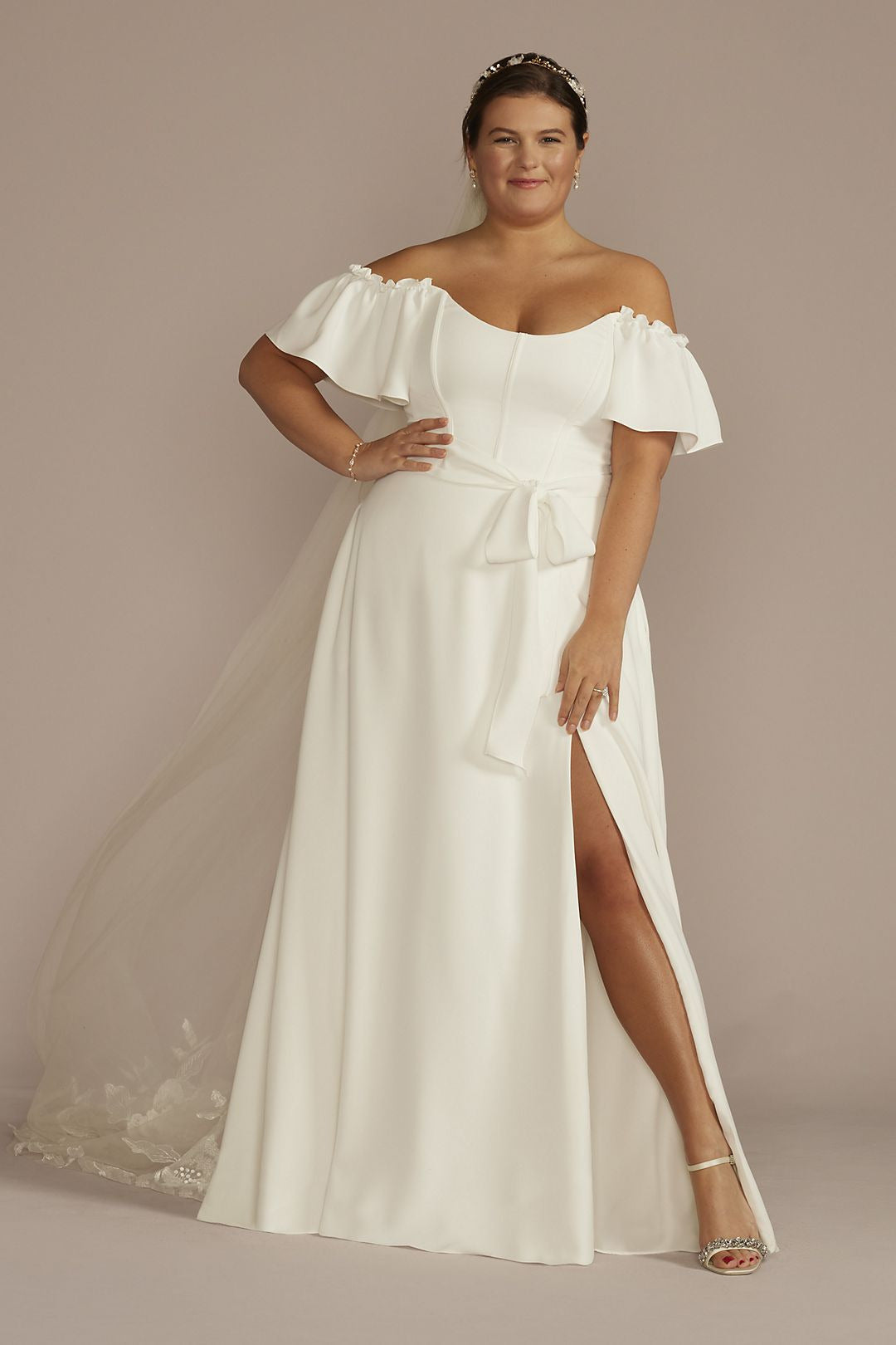 David's Bridal Women's Recycled Crepe Off-the-Shoulder Wedding Dress - Plus