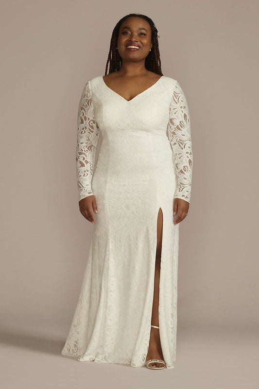 David's Bridal Women's Long Sleeve Lace Scoop Back Sheath Wedding Dress - Plus