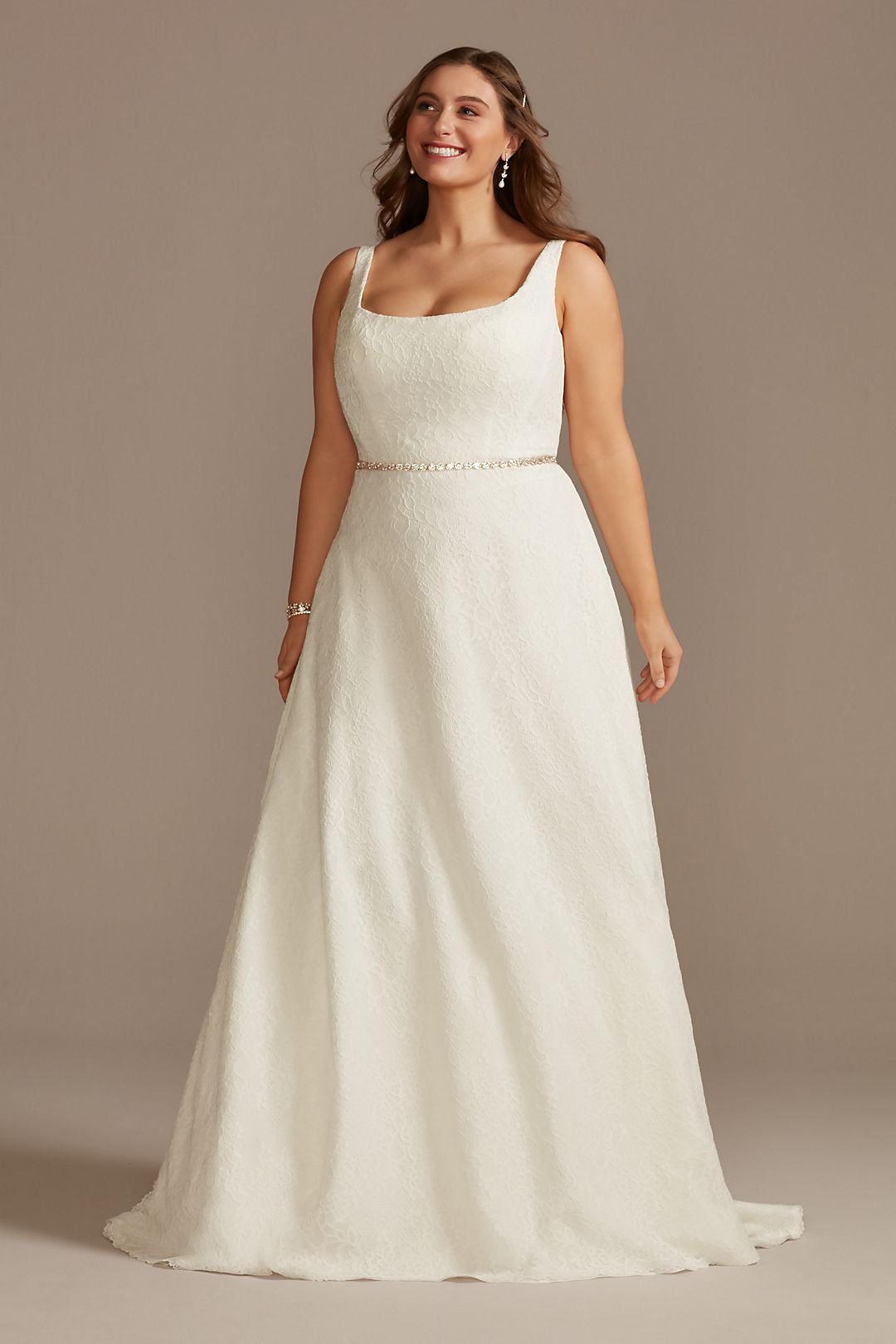 David's Bridal Women's Scalloped Lace A-Line Square Neck Wedding Dress - Plus