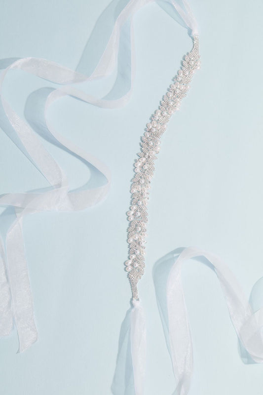 David's Bridal Women's Crystal and Freshwater Pearl Filigree Leaf Sash