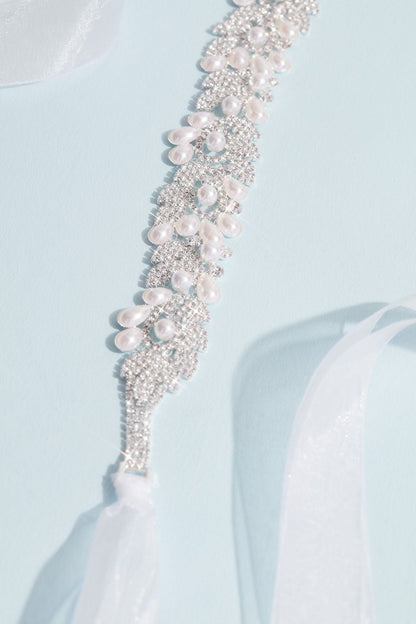 David's Bridal Women's Crystal and Freshwater Pearl Filigree Leaf Sash