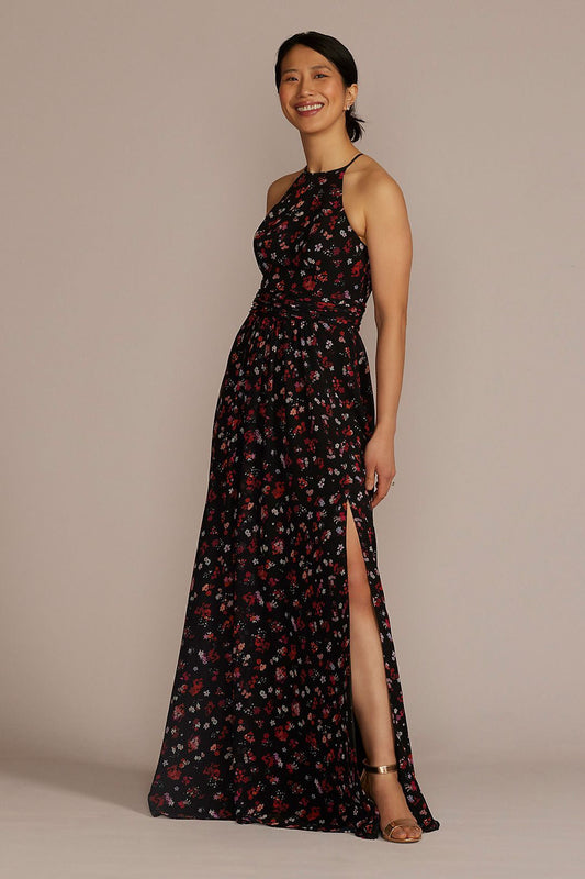 David's Bridal Women's Floral Print Halter A-Line Dress With Slit